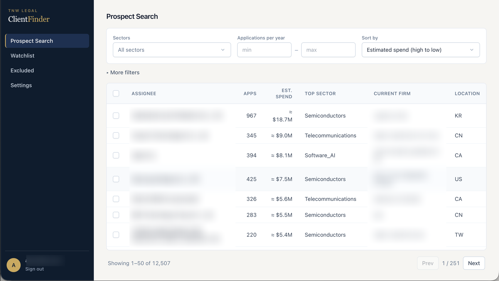 ClientFinder — patent-prosecution prospect search (data redacted)