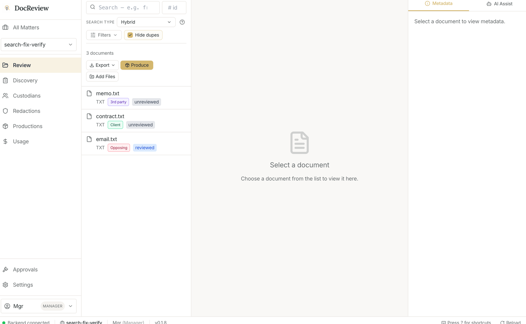 DocReview — three-pane document review