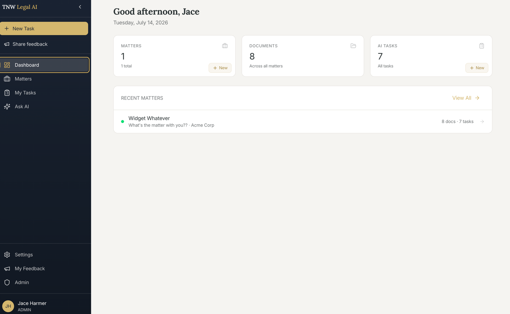 TNW Legal AI — matter dashboard